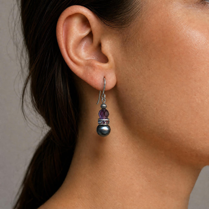 Dark silver glass pearl drop earrings with amethyst crystal accents from Owen Glass Collection, featuring 10-inch bell-shaped design.