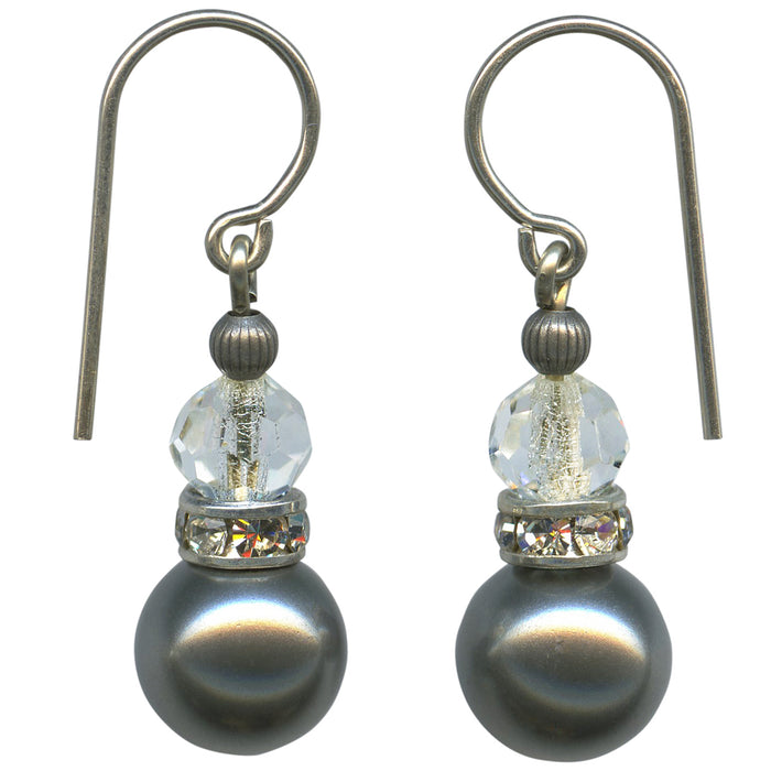Silver crystal pearl drop earrings with rhinestones from Owen Glass Collection, featuring 12-inch length and elegant bell-shaped design.