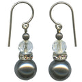 Silver crystal pearl drop earrings with rhinestones from Owen Glass Collection, featuring 12-inch length and elegant bell-shaped design.