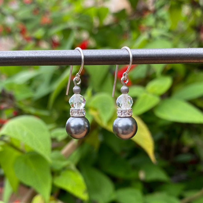 Silver crystal pearl drop earrings with rhinestones, 12-inch length from Owen Glass Collection, featuring bell-shaped design and sparkling accents.