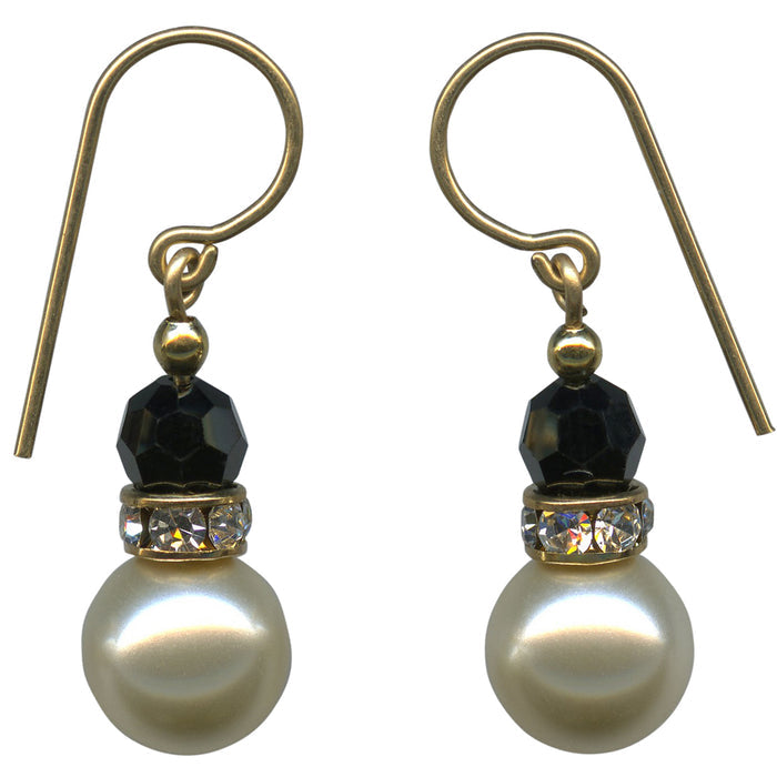 Owen Glass Collection 14-inch pearl and crystal drop earrings with jet and rhinestone accents, featuring elegant bell-shaped design.