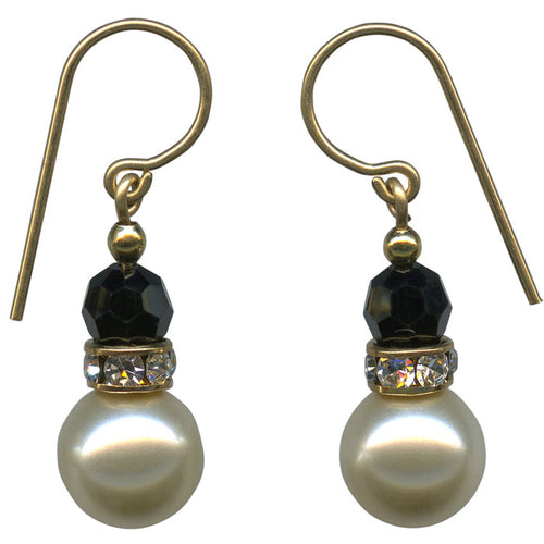 Owen Glass Collection 14-inch pearl and crystal drop earrings with jet and rhinestone accents, featuring elegant bell-shaped design.