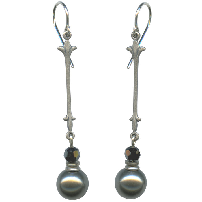 Dark silver crystal pearl drop earrings with jet crystal accents from Owen Glass Collection, featuring elegant bell-shaped design.