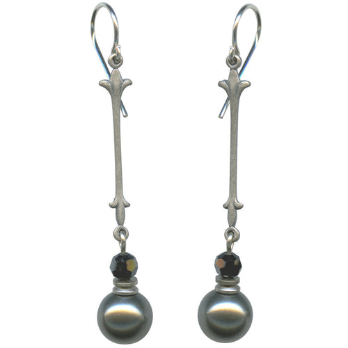 Dark silver crystal pearl drop earrings with jet crystal accents from Owen Glass Collection, featuring elegant bell-shaped design.