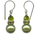 Owen Glass Collection 44-inch green crystal pearl drop earrings with olivine and rhinestone accents, elegant jewelry accessory.