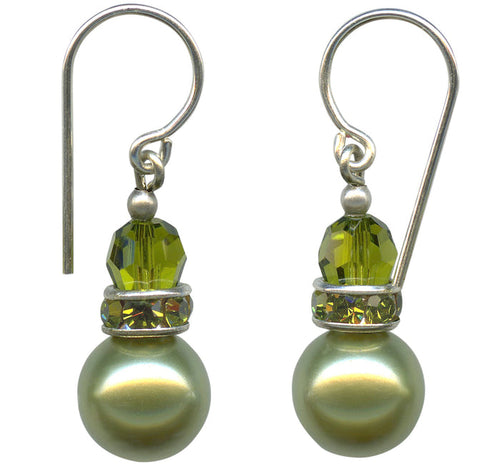 Owen Glass Collection 44-inch green crystal pearl drop earrings with olivine and rhinestone accents, elegant jewelry accessory.