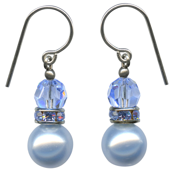 Light blue crystal pearl earrings with rhinestone accents from Owen Glass Collection featuring bell-shaped design.