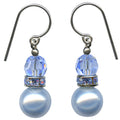 Light blue crystal pearl earrings with rhinestone accents from Owen Glass Collection featuring bell-shaped design.