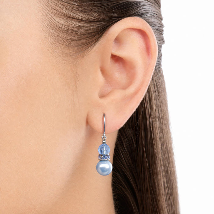 Light blue crystal pearl earrings with rhinestone accents from Owen Glass Collection, featuring 45-inch bells design.