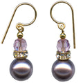 Owen Glass Collection Bells 57 light amethyst crystal pearl earrings with gold trim and elegant dangle design.