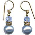 Owen Glass Collection Bells 58 light sapphire crystal pearl earrings with gold trim and rhinestones, showcasing elegant jewelry design.