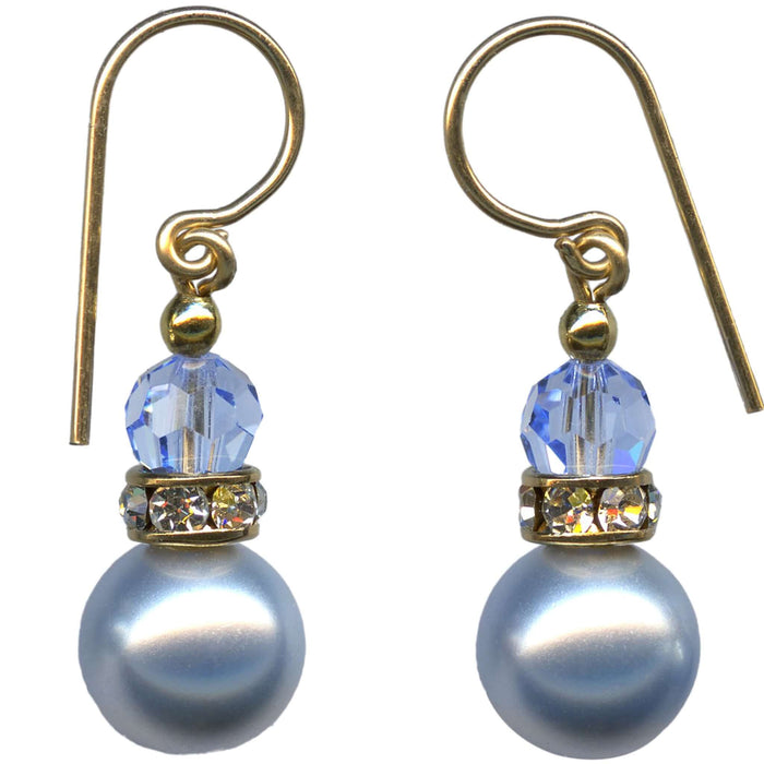 Owen Glass Collection Bells 58 light sapphire crystal pearl earrings with gold trim and rhinestones, showcasing elegant jewelry design.