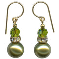 Green crystal pearl earrings with gold trim and rhinestones from Owen Glass Collection, featuring elegant bell-shaped design.