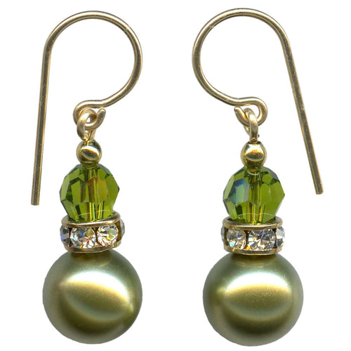Green crystal pearl earrings with gold trim and rhinestones from Owen Glass Collection, featuring elegant bell-shaped design.
