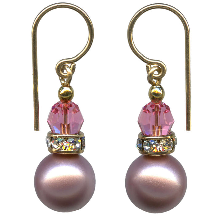 Dark pink crystal pearl earrings with gold trim and rhinestones from Owen Glass Collection featuring bell-shaped design.