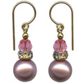 Dark pink crystal pearl earrings with gold trim and rhinestones from Owen Glass Collection featuring bell-shaped design.