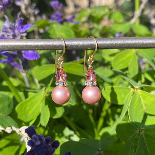 Dark pink crystal pearl earrings with gold trim and rhinestones from Owen Glass Collection, featuring bell-shaped design.