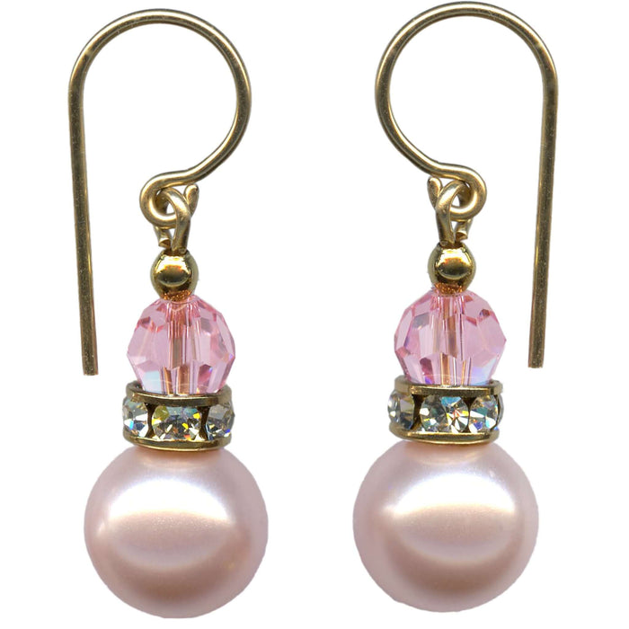 Pink crystal pearl earrings with gold trim and rhinestones from Owen Glass Collection, featuring elegant bell-shaped design.