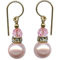 Pink crystal pearl earrings with gold trim and rhinestones from Owen Glass Collection, featuring elegant bell-shaped design.