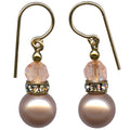 Owen Glass Collection Bell 62 smoke topaz crystal pearl earrings with Czech glass and rhinestones, taupe-colored, elegant jewelry.