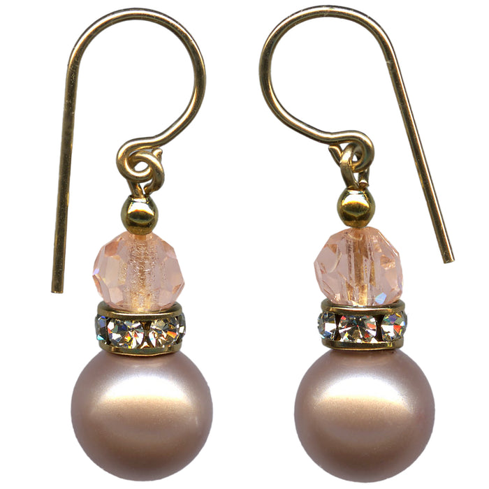 Owen Glass Collection Bell 62 smoke topaz crystal pearl earrings with Czech glass and rhinestones, taupe-colored, elegant jewelry.