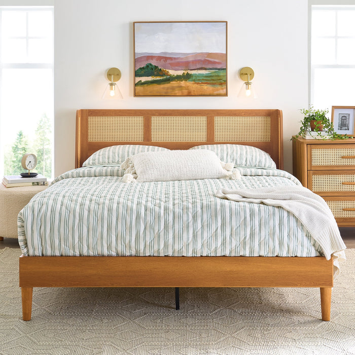 Better Homes & Gardens Springwood Caning Queen Platform Bed With Headboard, Light Honey Finish - Brand New