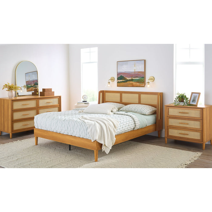 Better Homes & Gardens Springwood Caning Queen Platform Bed With Headboard, Light Honey Finish - Brand New