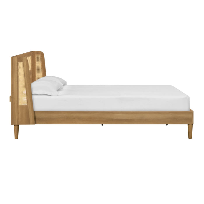 Better Homes & Gardens Springwood Caning Queen Platform Bed With Headboard, Light Honey Finish - Brand New