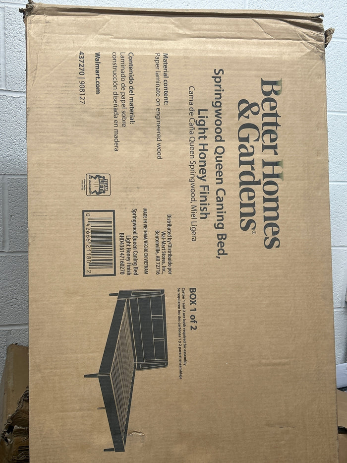Better Homes & Gardens Springwood Caning Queen Platform Bed With Headboard, Light Honey Finish - Brand New
