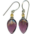 Amethyst glass dangle earrings featuring bird and floral motifs from Owen Glass Collection, 12-inch length.