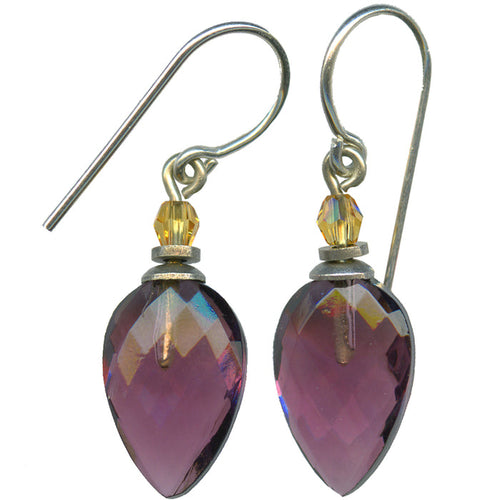 Amethyst glass dangle earrings featuring bird and floral motifs from Owen Glass Collection, 12-inch length.