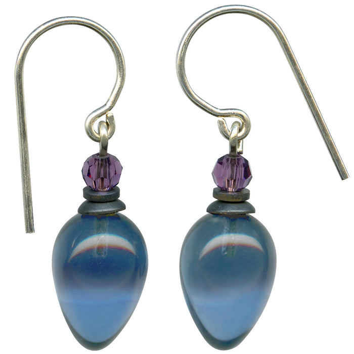 Blue glass and amethyst crystal dangle earrings from Owen Glass Collection featuring elegant plum-shaped design.