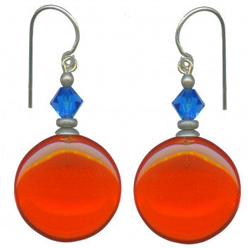 Bright orange and blue crystal dangle earrings from Owen Glass Collection featuring geometric window-inspired design.