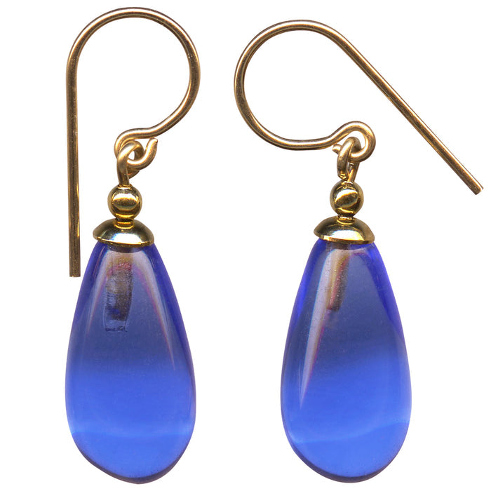 Brights 25-inch sapphire glass and gold dangle earrings from Owen Glass Collection, featuring vibrant blue glass and elegant gold hooks.