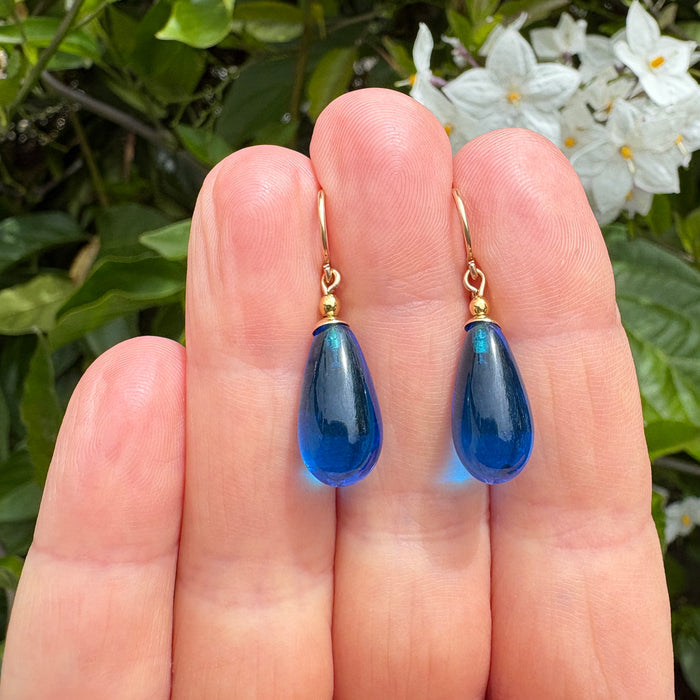 Brights 26-inch blue German glass drop earrings with 14K gold-filled trim from Owen Glass Collection, showcasing elegant glass design.
