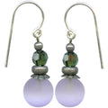 Frosted periwinkle glass earrings with green crystal accents from Owen Glass Collection, featuring a bubbly design.