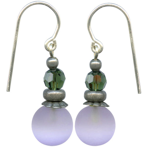 Frosted periwinkle glass earrings with green crystal accents from Owen Glass Collection, featuring a bubbly design.