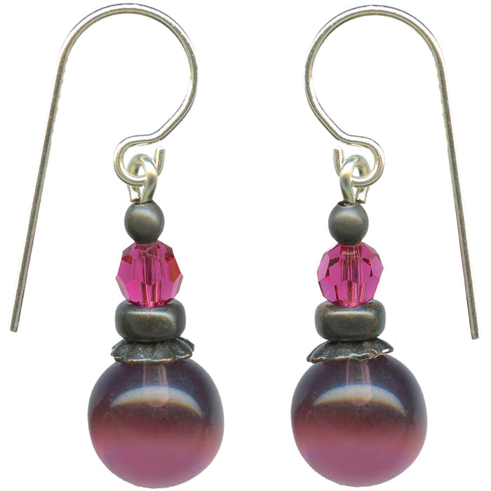 Purple and pink glass and crystal dangle earrings from Owen Glass Collection featuring bubble designs.