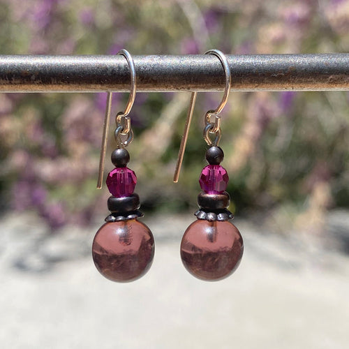 Purple and pink glass and crystal dangle earrings from Owen Glass Collection featuring bubble-inspired design.