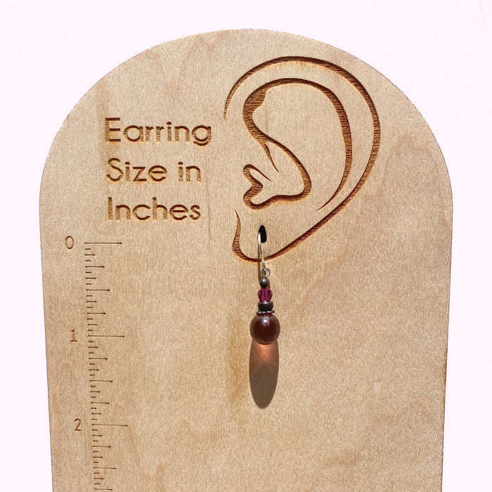 Purple and pink glass and crystal dangle earrings from Owen Glass Collection featuring bubble design.