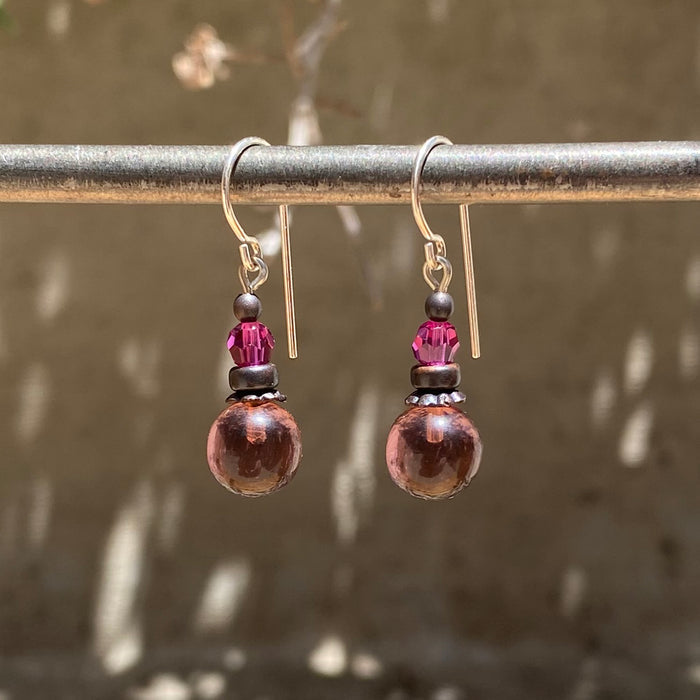 Purple and pink glass and crystal dangle earrings from Owen Glass Collection featuring bubble-inspired design.