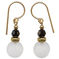 Frosted white glass and gold dangle earrings from Owen Glass Collection featuring bubble design and jet crystal accents.