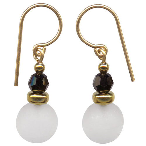 Frosted white glass and gold dangle earrings from Owen Glass Collection featuring bubble design and jet crystal accents.