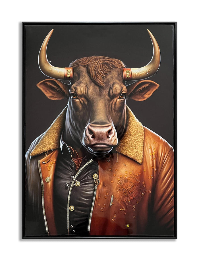 Bull in Vintage Jacket - 21" x 29" Framed Wall Art - Dark Brown