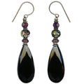 Owen Glass Collection Cabaret 12-inch jet glass and iridescent crystal earrings with elegant, dangling design.