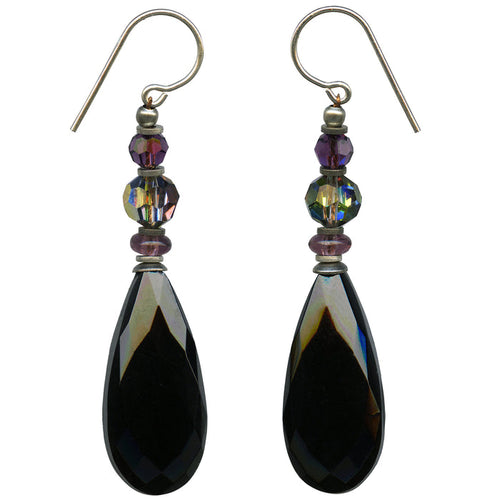 Owen Glass Collection Cabaret 12-inch jet glass and iridescent crystal earrings with elegant, dangling design.