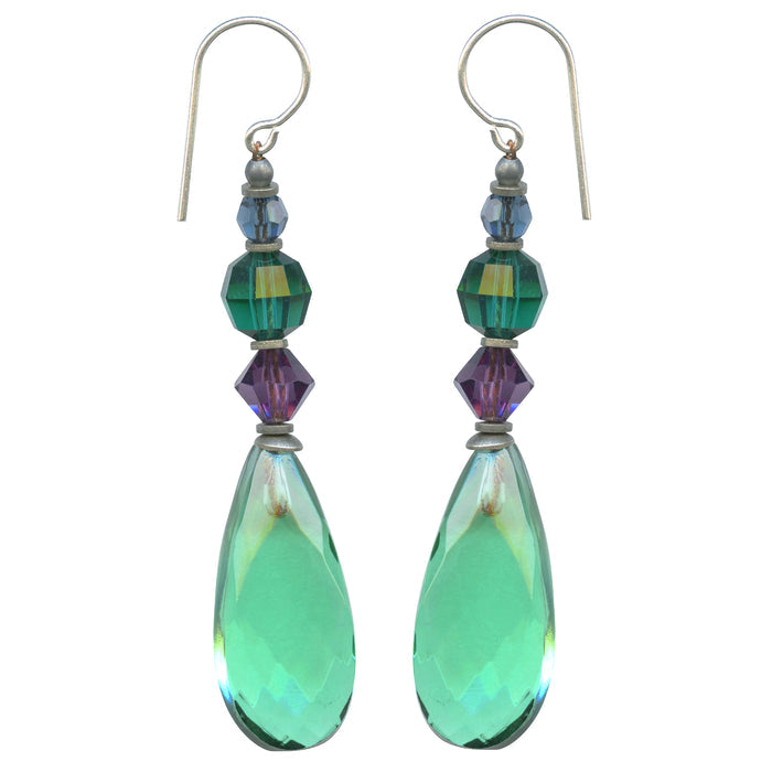 Peridot green glass earrings from Owen Glass Collection featuring elegant cabaret 18-inch design and sparkling gemstone appearance.