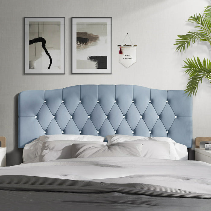 Castle Place Upholstered Tufted Headboard, Light Blue Velvet, Queen - new