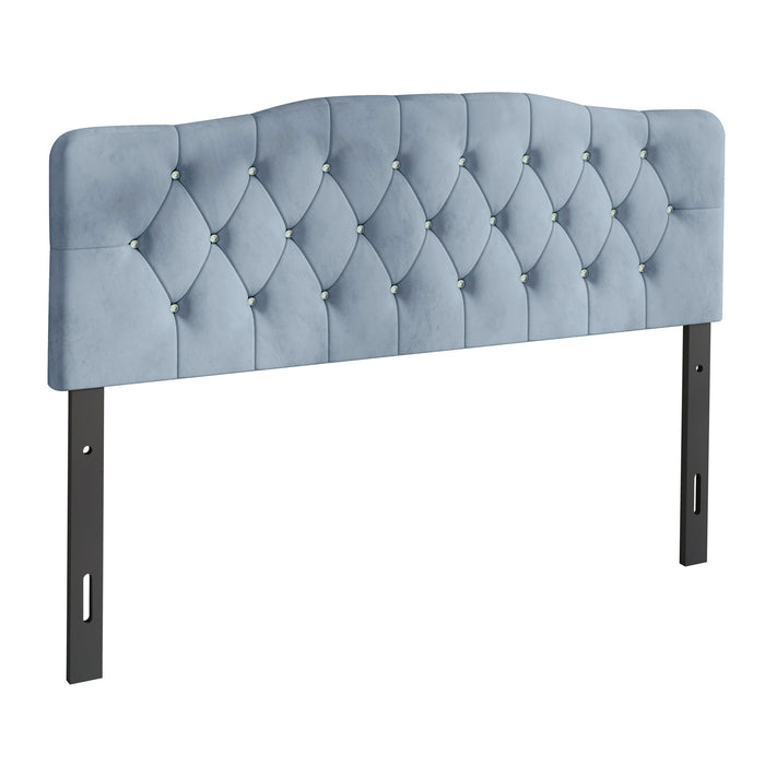 Castle Place Upholstered Tufted Headboard, Light Blue Velvet, Queen - new