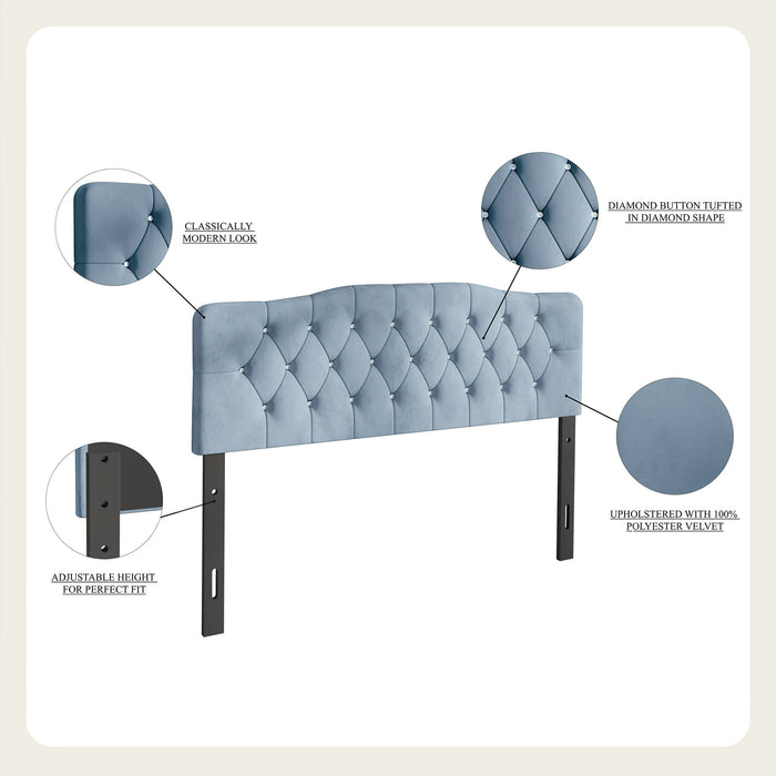Castle Place Upholstered Tufted Headboard, Light Blue Velvet, Queen - new